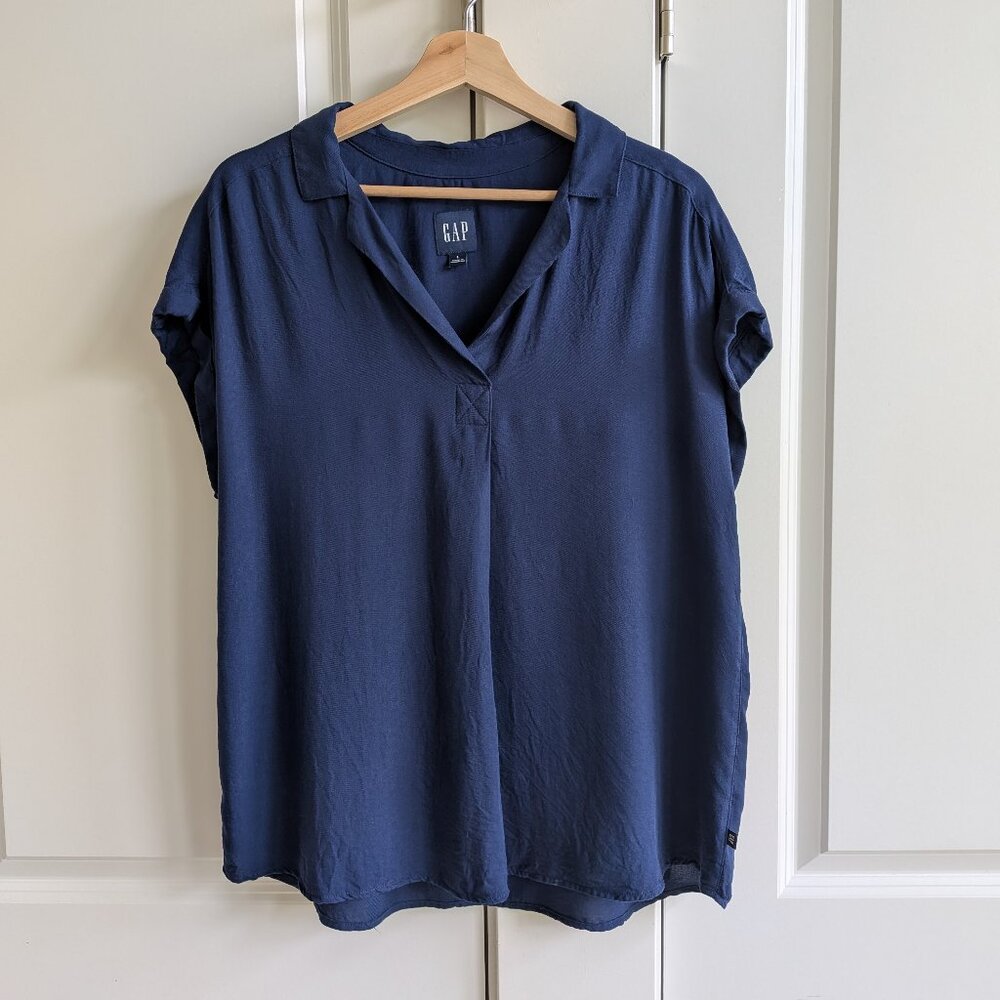GAP Blouse Women L Navy Blue Short Sleeve Rayon Popover Boxy Collared T-Shirt
